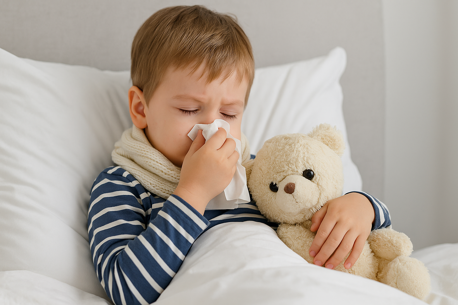Niño enfermo acostado en la cama con bufanda y peluche, limpiándose la nariz con un pañuelo.